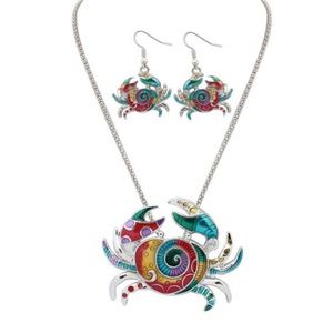 Colorful Crab Necklace Earring 3 Piece Jewelry Set